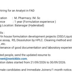 FAD Analyst Job Hyderabad | Formulation HPLC Dissolution | M.Pharm M.Sc | 1 Year FAD Analyst Job Hyderabad | Formulation HPLC Dissolution | M.Pharm M.Sc | 1 Year