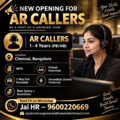 AR Caller Job Chennai Bangalore | 1-4 Years | WFO | 2-Way Cab | Immediate Joiners AR Caller Job Chennai Bangalore | 1-4 Years | WFO | 2-Way Cab | Immediate Joiners