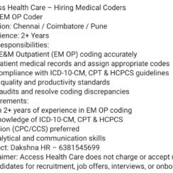 Access Healthcare Hiring Chennai Coimbatore Pune | EM OP Coder | 2+ Years | CPC CCS Preferred