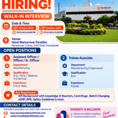 Synthimed Labs Walk-In Interview on 24th and 25th October 2026 for Manufacturing Department