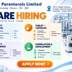 Bharat Parenterals Limited Recruitment 2026: QC, QA, Tablet Manufacturing & Formulation Development Jobs in Vadodara, Gujarat