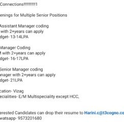 Multiple Senior Positions Vizag E/M Multispeciality Except HCC Assistant Manager 13-14LPA Manager 16-17LPA Senior Manager 21LPA