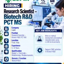 Lupin Hiring Research Scientist Biotech R&D PCT MS Pune 5-10Y Masters Doctorate Biotech Biopharma LC-MS Biosimilarity