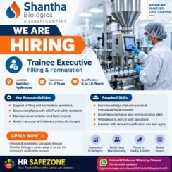 Shantha Biologics Trainee Executive Filling Formulation Medchal Hyderabad BSc BPharm 0-2Y