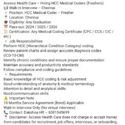 Access Health Care HCC Medical Coder Fresher Walk-In Chennai Any Graduation 2024 2025 2026 CPC CCS