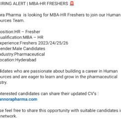 Annora Pharma Hiring MBA HR Freshers 2023 24 25 26 Hyderabad Male Candidates