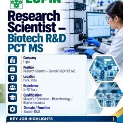 Lupin Hiring Pune | Research Scientist Biotech R&D PCT MS | M.Sc Ph.D | 5-10 Years