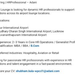 Adani Lounge Hiring Jaipur Lucknow Thiruvananthapuram | HR Professional | MBA BBA B.Com