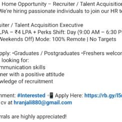 Work From Home Recruiter Talent Acquisition Executive 3-4 LPA Remote