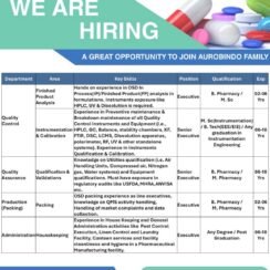 Aurobindo Pharma Hiring Hyderabad | QC QA Production Admin | B.Pharm M.Sc | 2-10 Years