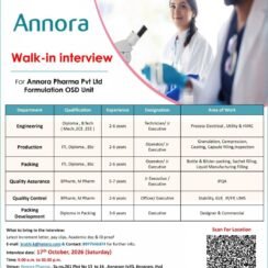Annora Pharma Walk-In Hyderabad | Production Packing QA QC Engineering | 2-7 Years