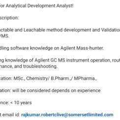 Analytical Development Analyst Job | GC MS/MS | M.Sc B.Pharm M.Pharm | Up to 10 Years