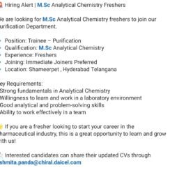 Trainee Purification Job Hyderabad | M.Sc Analytical Chemistry Freshers | Daicel Chiral