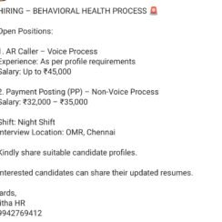 Hiring Chennai | Behavioral Health AR Caller & Payment Posting | Night Shift | Up to ₹45,000