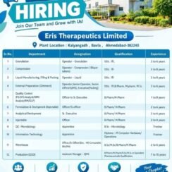 Eris Therapeutics Hiring Ahmedabad | Production QC QA ADL Warehouse | 1-15 Years