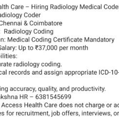 Access Healthcare Hiring Chennai Coimbatore | Radiology Coder | Certified | Up to ₹37,000
