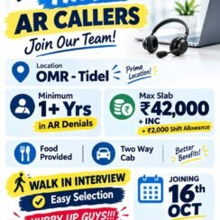 AR Caller Walk-In Chennai OMR | AR Denials | 1+ Years | Up to ₹42,000 | 16 Oct