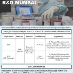 Macleods Walk-In Mumbai | Research Associate PDR & AMD | M.Pharm M.Sc | 17 October