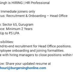 Burger Singh Hiring Gurugram | HR Professional Recruitment | 2+ Years | Up to ₹5 LPA