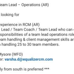 Equalize RCM Hiring Mysore | Team Lead Operations AR | 6-7 Years | Work From Office
