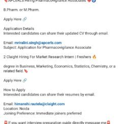 APCERLS Hiring Pharmacovigilance Associate | B.Pharm M.Pharm | Immediate Joiners
