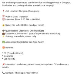 Walk-In Gurgaon | Calling Process | Graduates Undergraduates | 1+ Year | Up to ₹45,000
