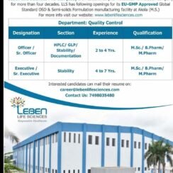 Leben Life Sciences Hiring Akola | QC Officer Executive | M.Sc B.Pharm M.Pharm | 2-7 Years
