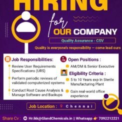 Gland Chemicals Hiring Chennai | QA CSV AM DM Senior Executive | 5-10 Years | Sterile