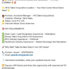 Assistant Manager HR Talent Acquisition Job Chennai | Up to ₹12 LPA | Direct Interview