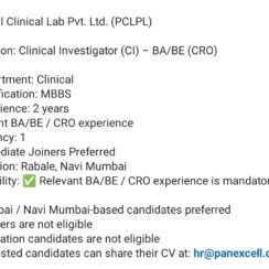 Panexcell Hiring Navi Mumbai | Clinical Investigator BA/BE | MBBS | 2 Years | Immediate Joiner