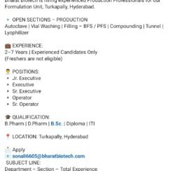 Bharat Biotech Hiring Hyderabad | Production Professionals | 2-7 Years | B.Pharm D.Pharm B.Sc
