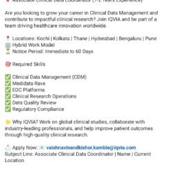 IQVIA Hiring Kochi Kolkata Thane Hyderabad | Clinical Data Coordinator | 1-2 Years
