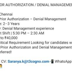 Prior Authorization & Denial Management Jobs Chennai | 2-3 Years | Up to ₹40,000 | Night Shift