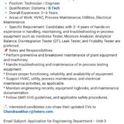 Hetero Labs Hiring Hyderabad | Technician Engineer | Diploma B.Tech | 0-6 Years