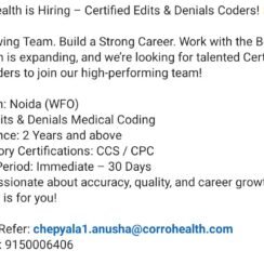 CorroHealth Hiring Noida | Certified Edits & Denials Coder | CCS CPC | 2+ Years