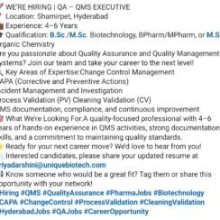 QA QMS Executive Job Hyderabad | 4-6 Years | B.Sc M.Sc B.Pharm | Unique Biotech