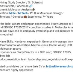 Study Director Job Panchkula | Molecular Analysis | M.Sc M.Tech Ph.D | 7+ Years
