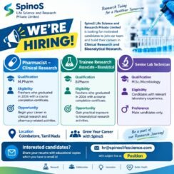 SpinoS Hiring Coimbatore | Pharmacist Clinical Research & Trainee Research Associate | Freshers SpinoS Hiring Coimbatore | Pharmacist Clinical Research & Trainee Research Associate | Freshers