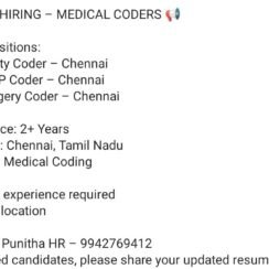 Medical Coder Jobs Chennai | ED Facility EM IP/OP SDS Surgery | 2+ Years Experience Medical Coder Jobs Chennai | ED Facility EM IP/OP SDS Surgery | 2+ Years Experience
