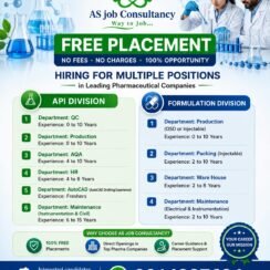 Freshers & Experienced Free Placement Jobs in AQA / QC / Production / Packing / Warehouse / HR / AutoCAD / Maintenance – API & Formulation @ AS Job Consultancy, Hyderabad