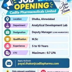 Cadila Pharmaceuticals Hiring Ahmedabad | Deputy Manager ADL | LCMS Mandatory | 5-10 Years